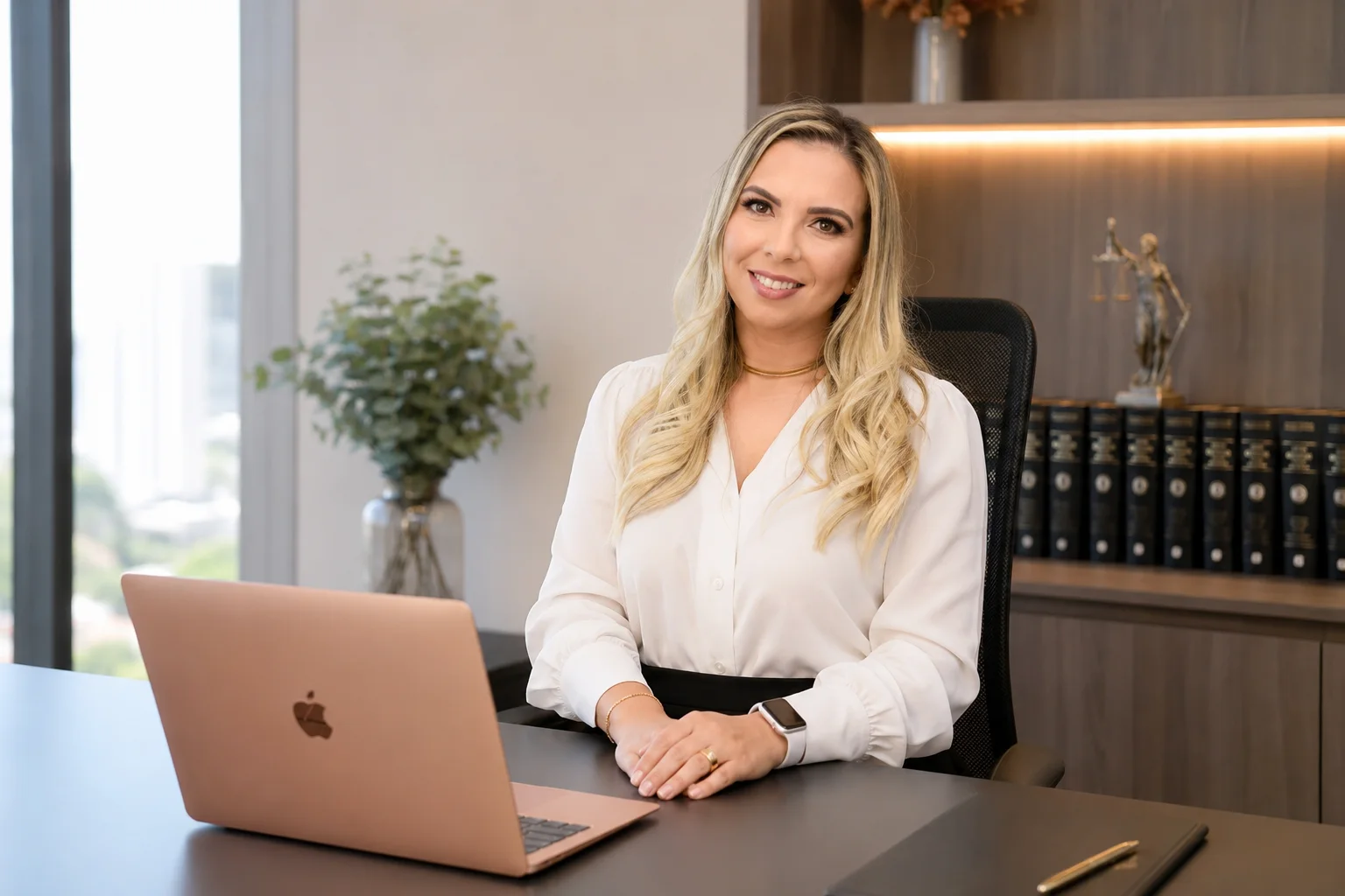 Luana Paiva sentada à mesa em seu escritório